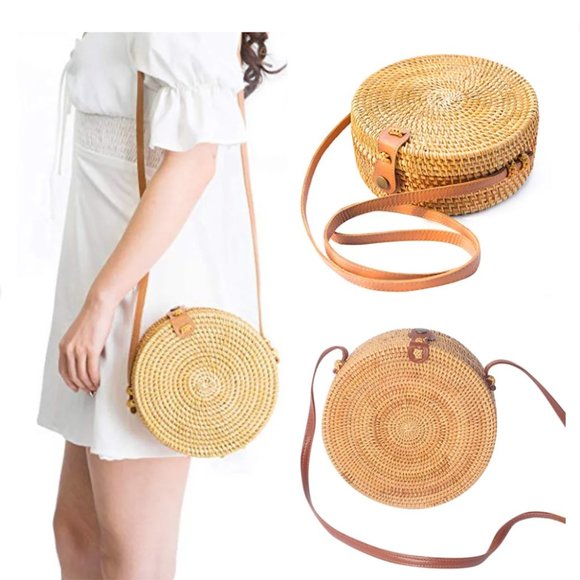 Handbags - Circle Handwoven Bali Round Retro Rattan Straw Beach Bag Crossbody
